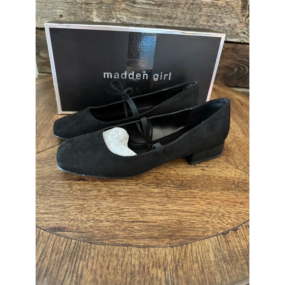 Madden Girl Egret Black Fabric Square Toe Bow Strap Block Heel Ballet Flats 7.5
